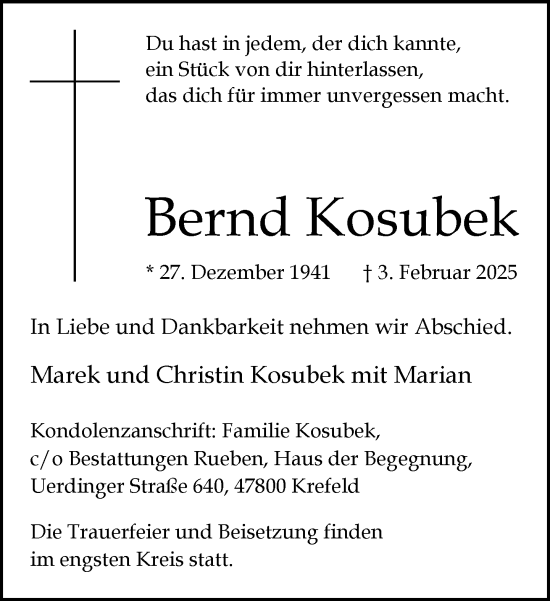 Traueranzeige von Bernd Kosubek von trauer.extra-tipp-moenchengladbach.de