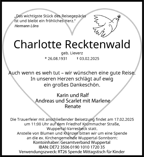 Traueranzeige von Charlotte Recktenwald von trauer.wuppertaler-rundschau.de
