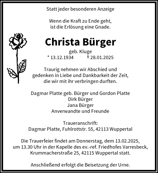 Traueranzeige von Christa Bürger von trauer.wuppertaler-rundschau.de