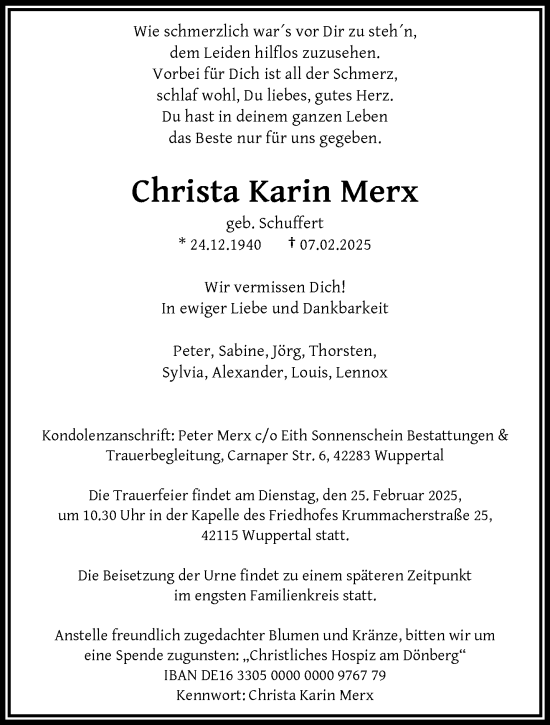 Traueranzeige von Christa Karin Merx von trauer.wuppertaler-rundschau.de