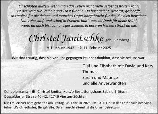 Traueranzeige von Christel Janitschke von trauer.extra-tipp-moenchengladbach.de