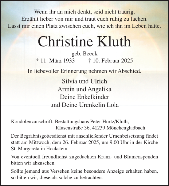 Traueranzeige von Christine Kluth von trauer.extra-tipp-moenchengladbach.de