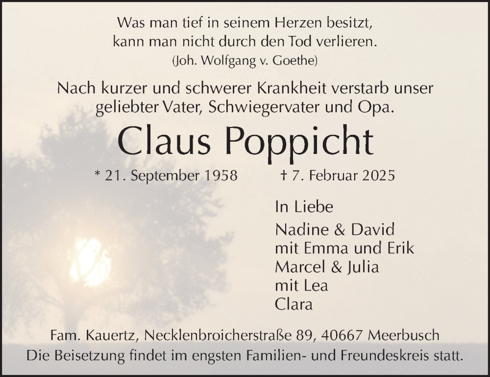  Traueranzeige für Claus Poppicht vom 16.02.2025 aus trauer.extra-tipp-moenchengladbach.de