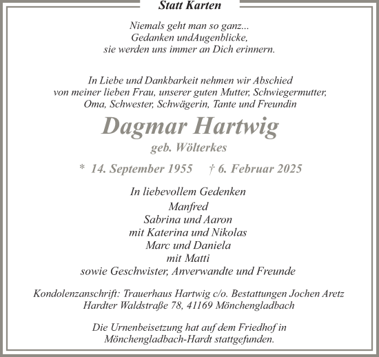 Traueranzeige von Dagmar Hartwig von trauer.extra-tipp-moenchengladbach.de