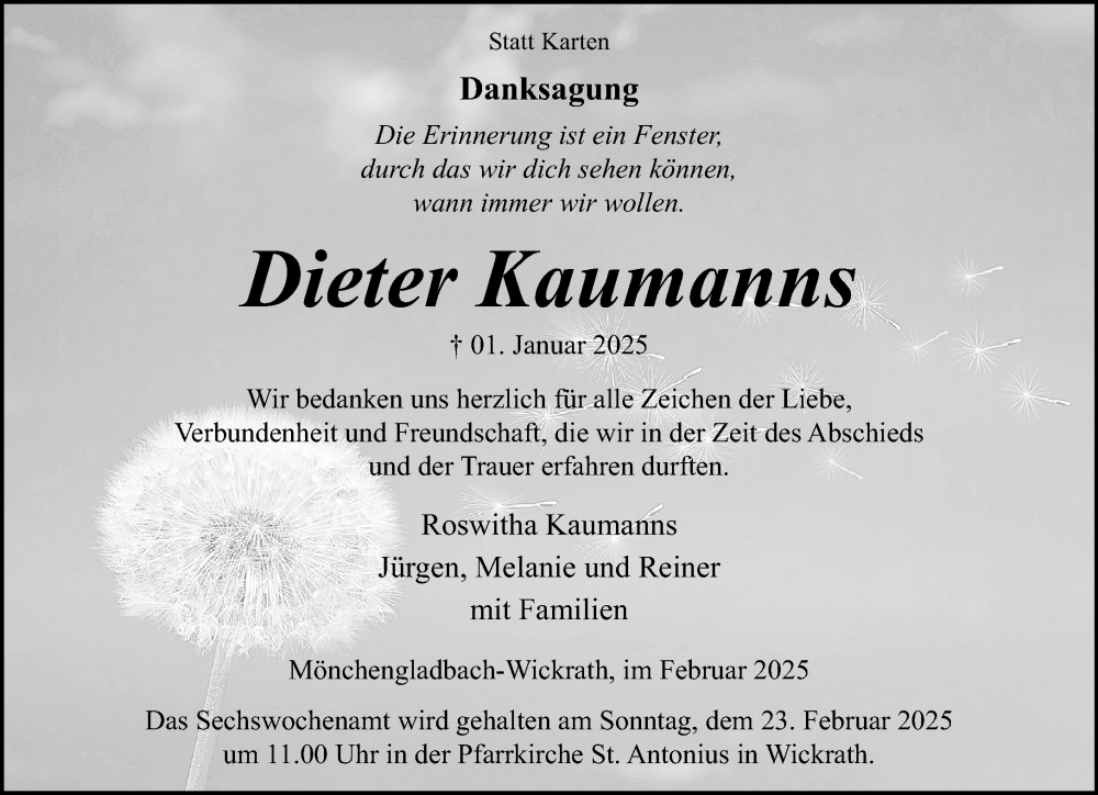  Traueranzeige für Dieter Kaumanns vom 16.02.2025 aus trauer.extra-tipp-moenchengladbach.de