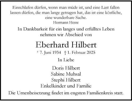 Traueranzeige von Eberhard Hilbert von trauer.wuppertaler-rundschau.de