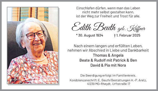 Traueranzeige von Edith Beuth von trauer.extra-tipp-moenchengladbach.de