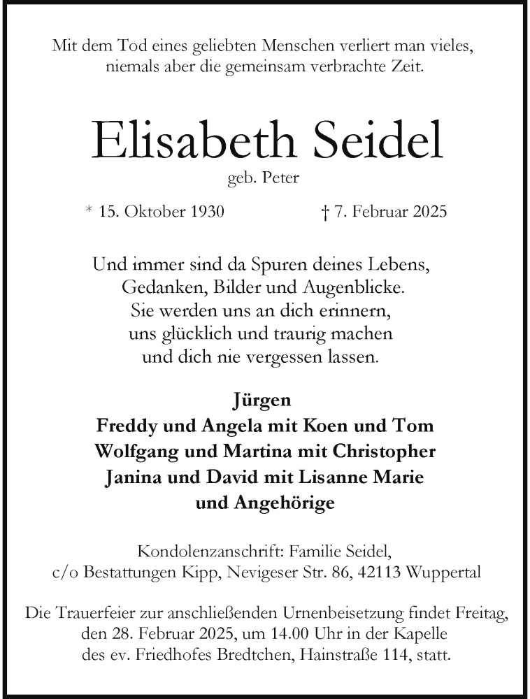  Traueranzeige für Elisabeth Seidel vom 22.02.2025 aus trauer.wuppertaler-rundschau.de