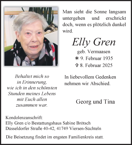 Traueranzeige von Elly Gren von trauer.extra-tipp-moenchengladbach.de