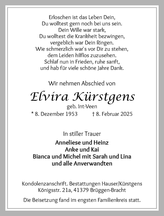 Traueranzeige von Elvira Kürstgens von trauer.extra-tipp-moenchengladbach.de