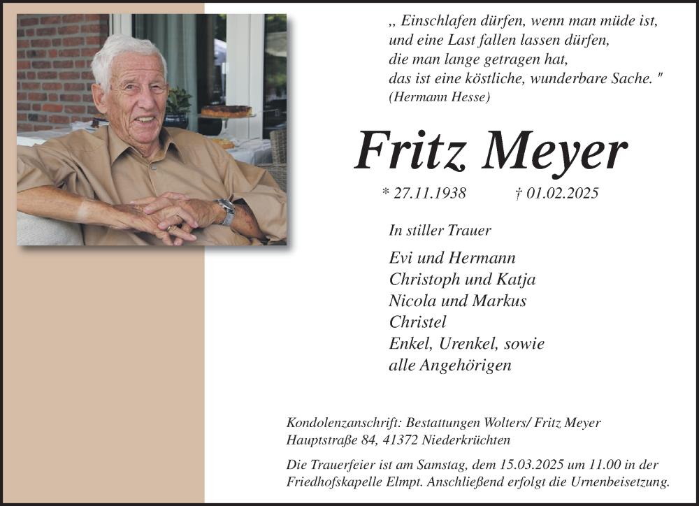  Traueranzeige für Fritz Meyer vom 16.02.2025 aus trauer.extra-tipp-moenchengladbach.de