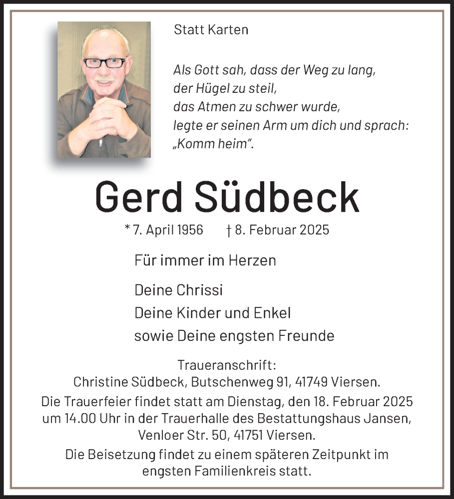  Traueranzeige für Gerd Südbeck vom 16.02.2025 aus trauer.extra-tipp-moenchengladbach.de