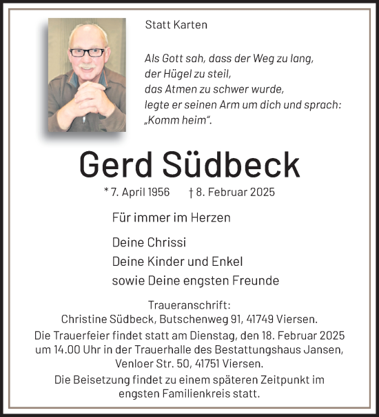 Traueranzeige von Gerd Südbeck von trauer.extra-tipp-moenchengladbach.de