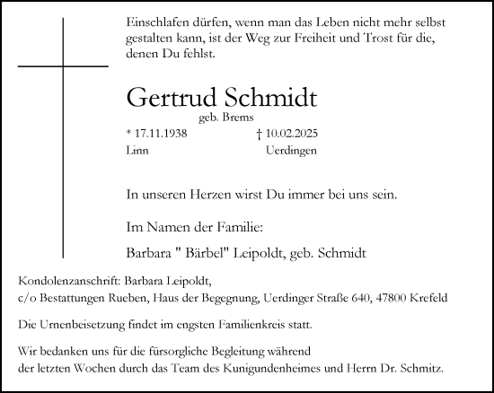 Traueranzeige von Gertrud Schmidt von trauer.extra-tipp-moenchengladbach.de