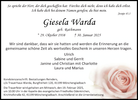 Traueranzeige von Giesela Warda von trauer.extra-tipp-moenchengladbach.de