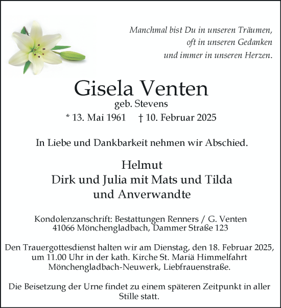 Traueranzeige von Gisela Venten von trauer.extra-tipp-moenchengladbach.de
