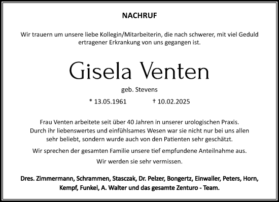 Traueranzeige von Gisela Venten von trauer.extra-tipp-moenchengladbach.de