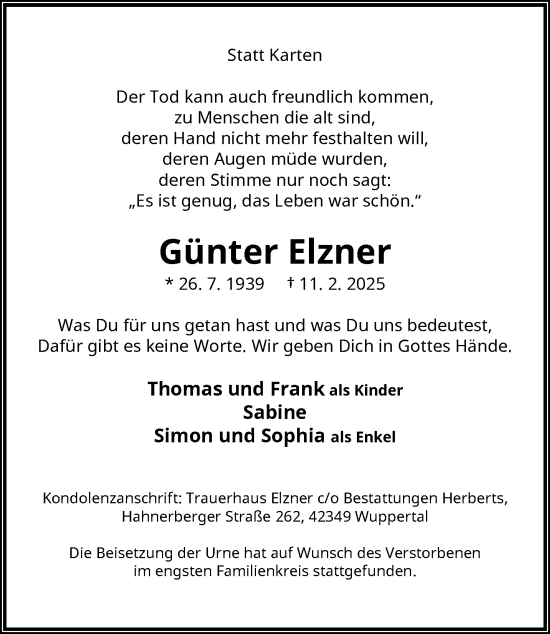 Traueranzeige von Günter Elzner von trauer.wuppertaler-rundschau.de