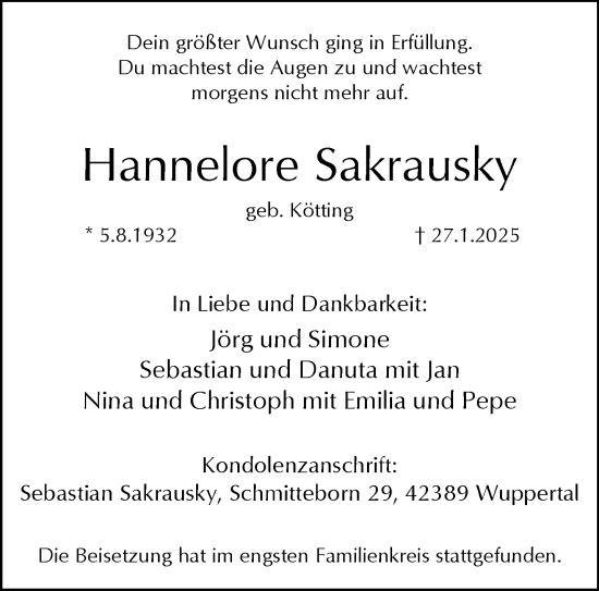Traueranzeige von Hannelore Sakrausky von trauer.wuppertaler-rundschau.de