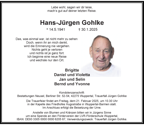 Traueranzeige von Hans-Jürgen Gohlke von trauer.wuppertaler-rundschau.de