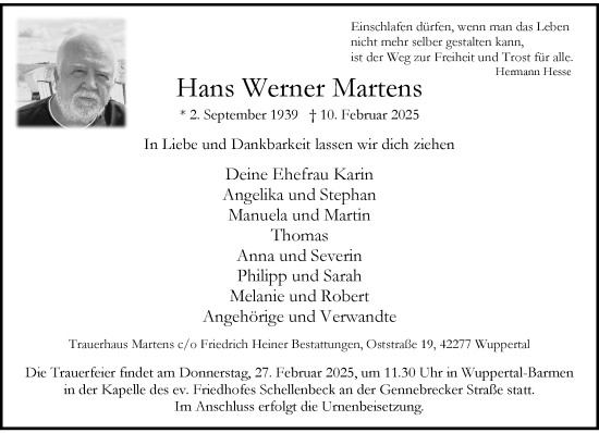 Traueranzeige von Hans Werner Martens von trauer.wuppertaler-rundschau.de