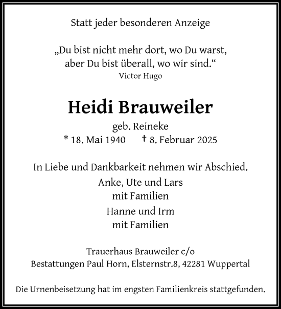 Traueranzeige von Heidi Brauweiler von trauer.wuppertaler-rundschau.de