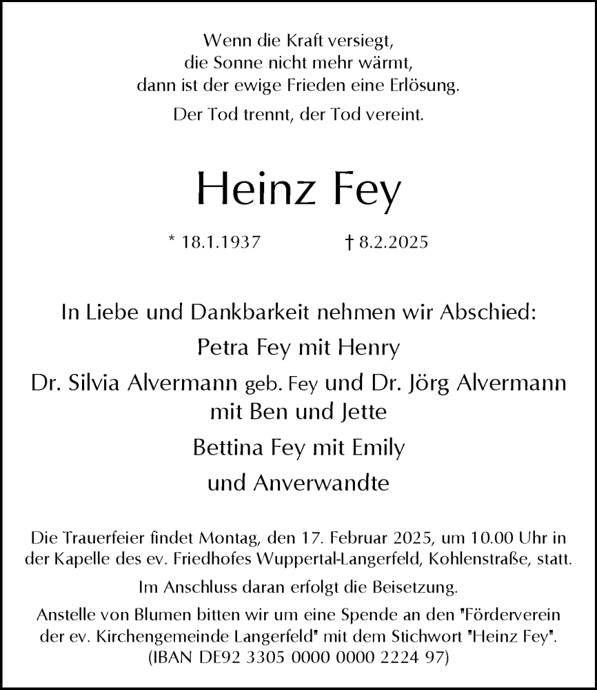  Traueranzeige für Heinz Fey vom 15.02.2025 aus trauer.wuppertaler-rundschau.de