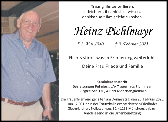 Traueranzeige von Heinz Pichlmayr von trauer.extra-tipp-moenchengladbach.de