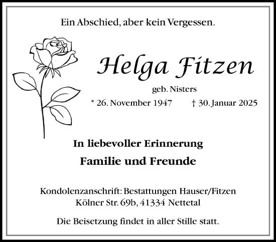 Traueranzeige von Helga Fitzen von trauer.extra-tipp-moenchengladbach.de