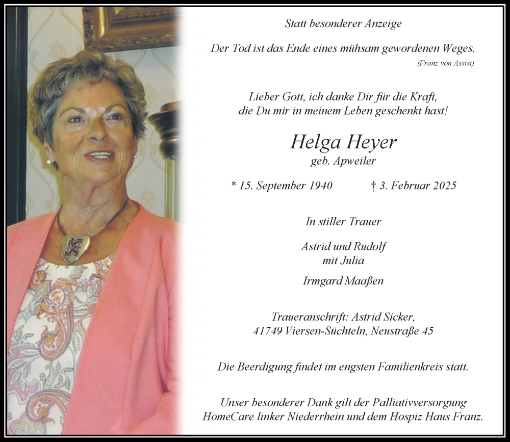  Traueranzeige für Helga Heyer vom 09.02.2025 aus trauer.extra-tipp-moenchengladbach.de