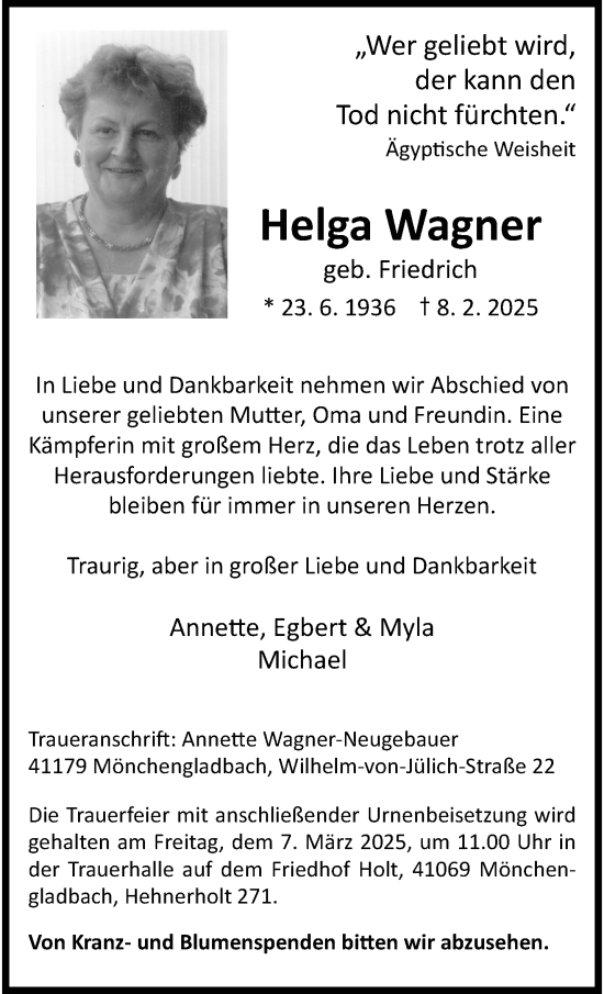 Traueranzeige von Helga Wagner von trauer.extra-tipp-moenchengladbach.de