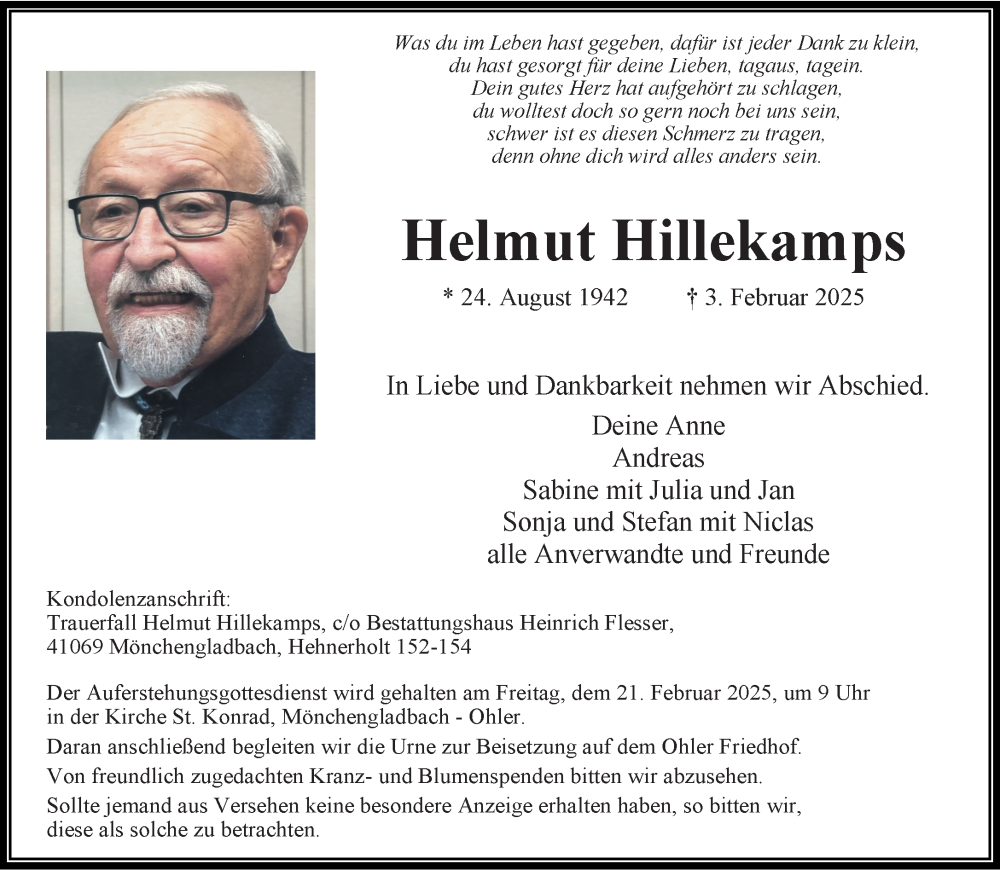  Traueranzeige für Helmut Hillekamps vom 16.02.2025 aus trauer.extra-tipp-moenchengladbach.de