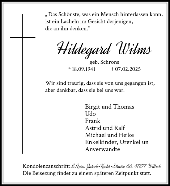 Traueranzeige von Hildegard Wilms von trauer.extra-tipp-moenchengladbach.de