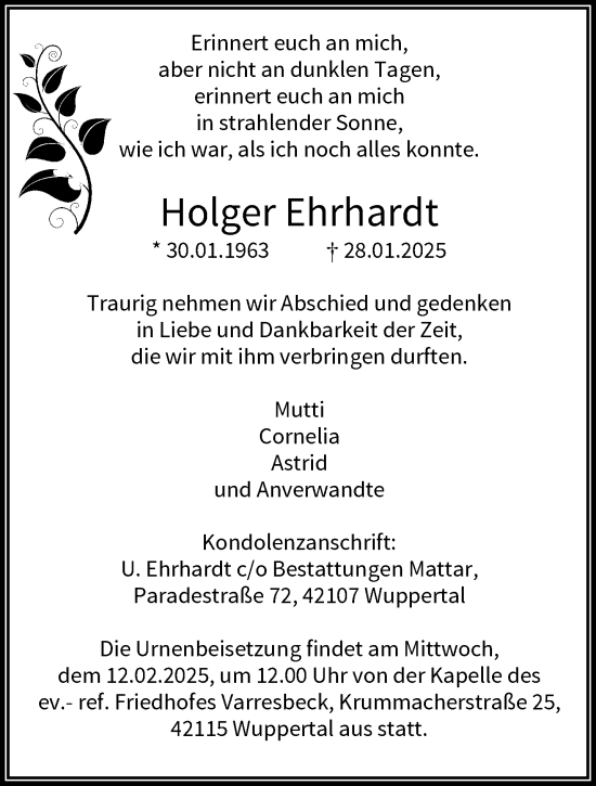 Traueranzeige von Holger Ehrhardt von trauer.wuppertaler-rundschau.de