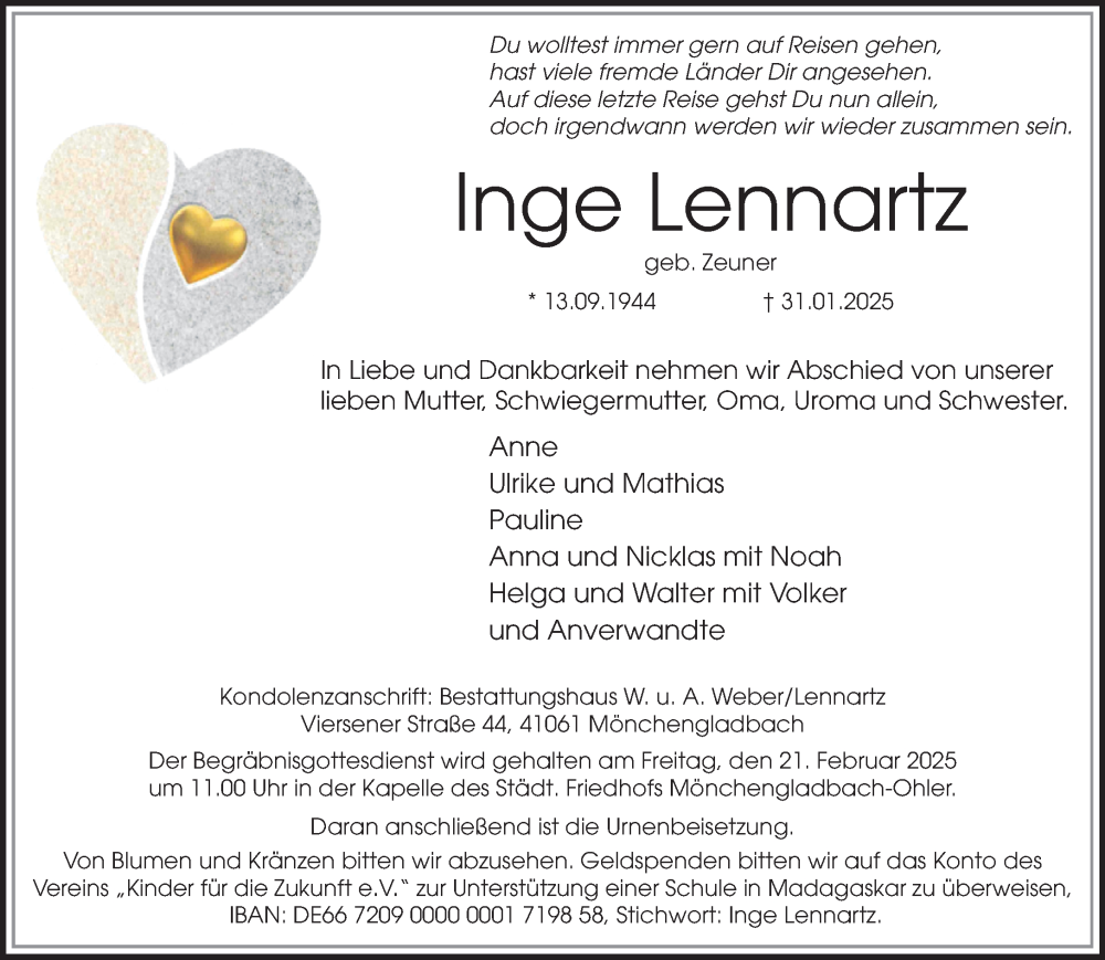  Traueranzeige für Inge Lennartz vom 16.02.2025 aus trauer.extra-tipp-moenchengladbach.de