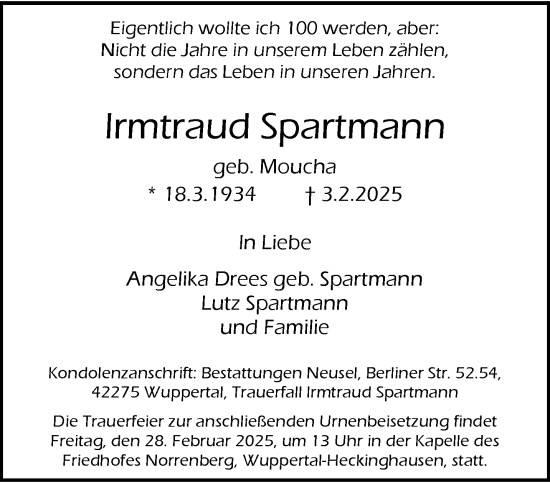 Traueranzeige von Irmtraud Spartmann von trauer.wuppertaler-rundschau.de