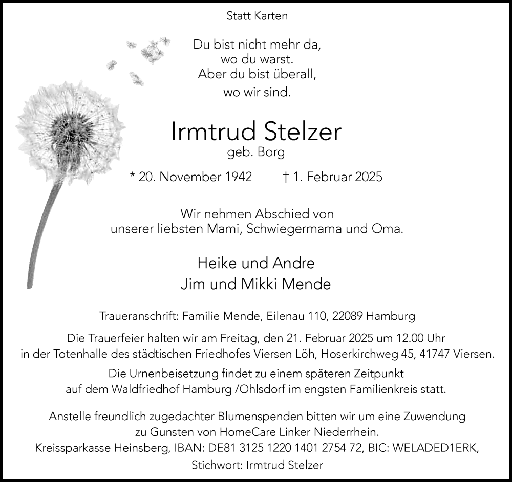  Traueranzeige für Irmtrud Stelzer vom 16.02.2025 aus trauer.extra-tipp-moenchengladbach.de