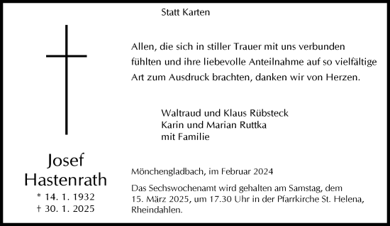 Traueranzeige von Josef Hastenrath von trauer.extra-tipp-moenchengladbach.de