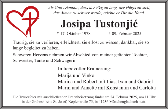Traueranzeige von Josipa Tustonjic von trauer.extra-tipp-moenchengladbach.de