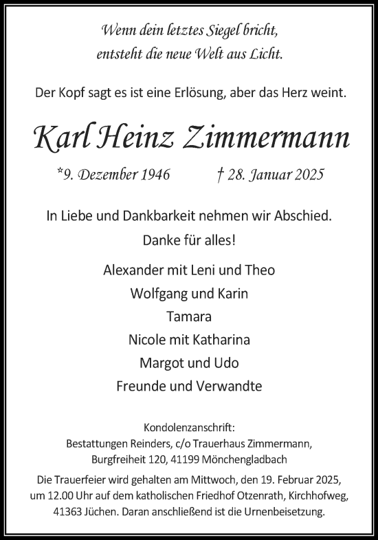 Traueranzeige von Karl Heinz Zimmermann von trauer.stadt-kurier.de