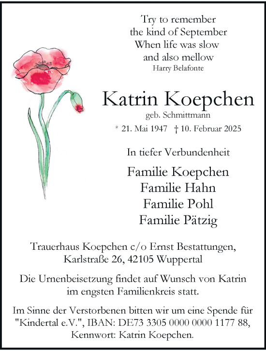 Traueranzeige von Katrin Koepchen von trauer.wuppertaler-rundschau.de