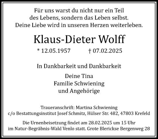 Traueranzeige von Klaus‐Dieter Wolff von trauer.extra-tipp-moenchengladbach.de
