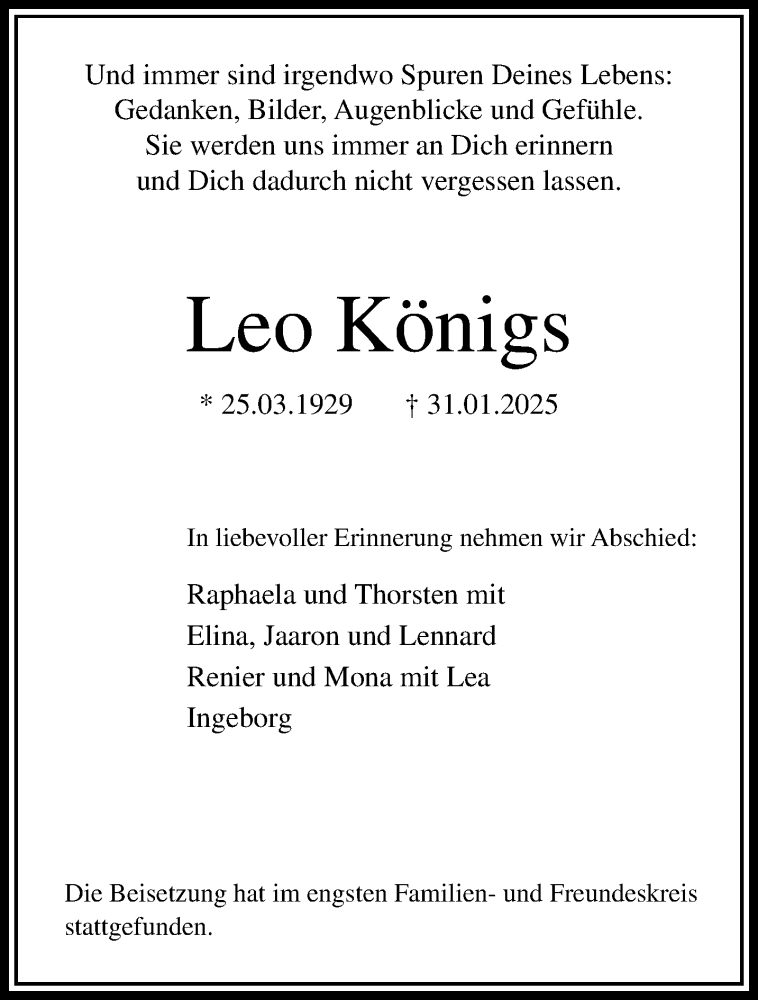  Traueranzeige für Leo Königs vom 09.02.2025 aus trauer.extra-tipp-moenchengladbach.de