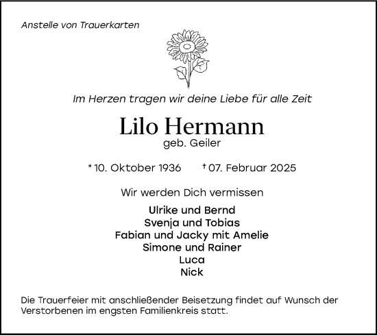 Traueranzeige von Lilo Hermann von trauer.duesseldorfer-anzeiger.de