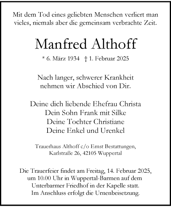 Traueranzeige von Manfred Althoff von trauer.wuppertaler-rundschau.de