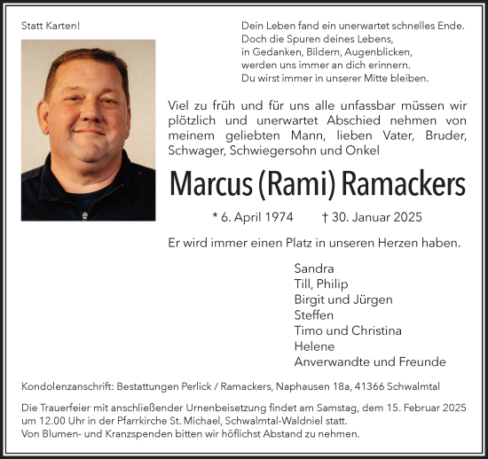 Traueranzeige von Marcus Ramackers von trauer.extra-tipp-moenchengladbach.de