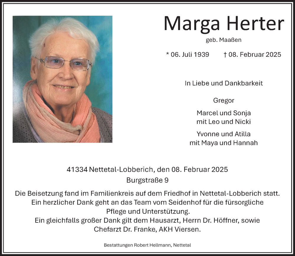  Traueranzeige für Marga Herter vom 16.02.2025 aus trauer.extra-tipp-moenchengladbach.de