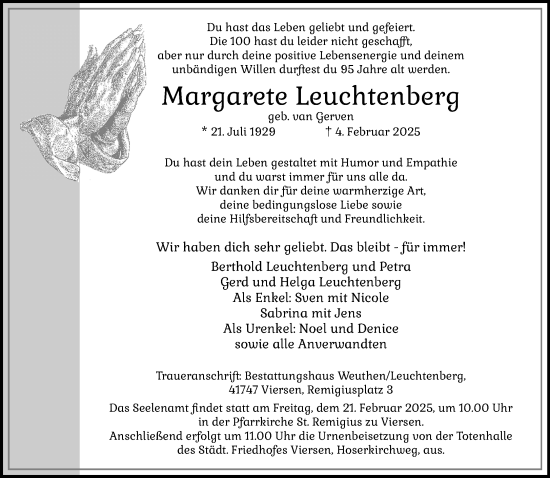 Traueranzeige von Margarete Leuchtenberg von trauer.extra-tipp-moenchengladbach.de