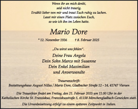 Traueranzeige von Mario Dore von trauer.extra-tipp-moenchengladbach.de