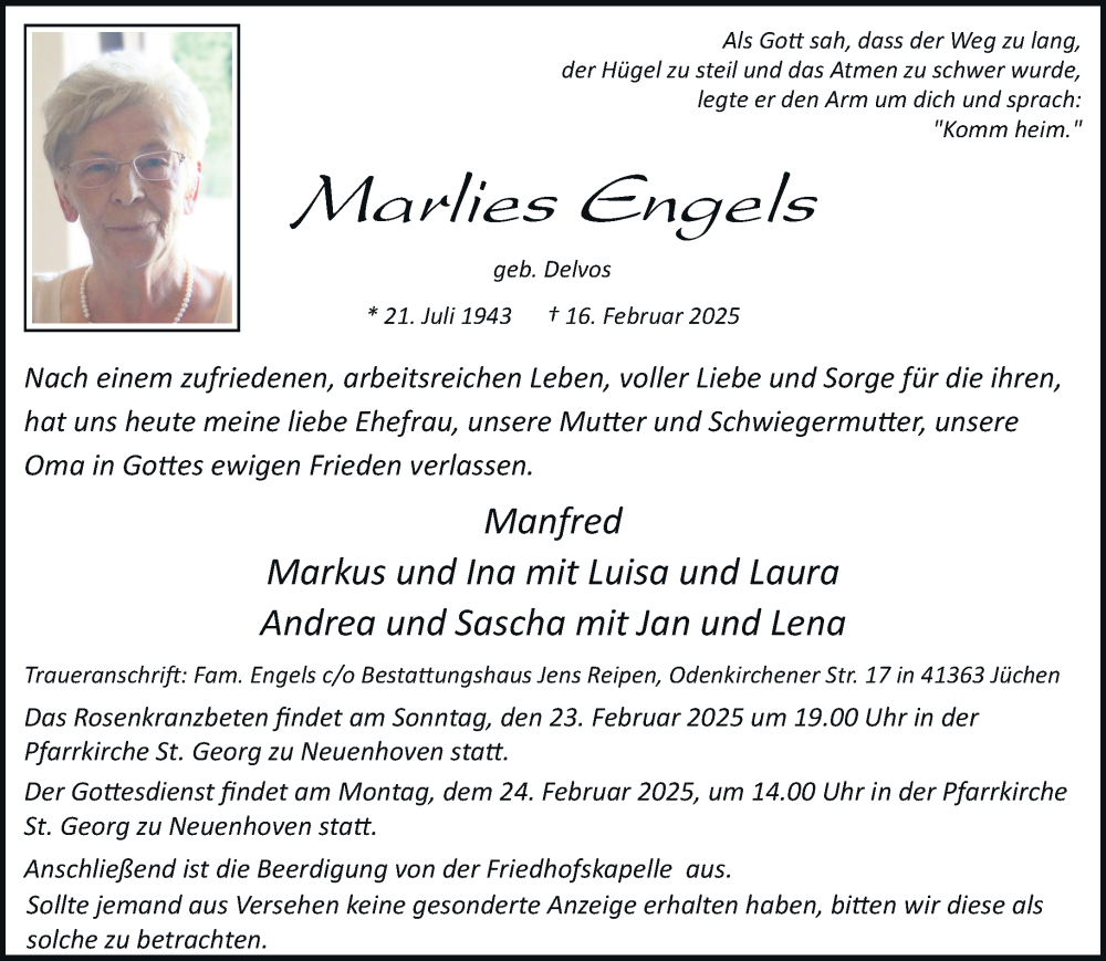  Traueranzeige für Marlies Engels vom 22.02.2025 aus trauer.stadt-kurier.de